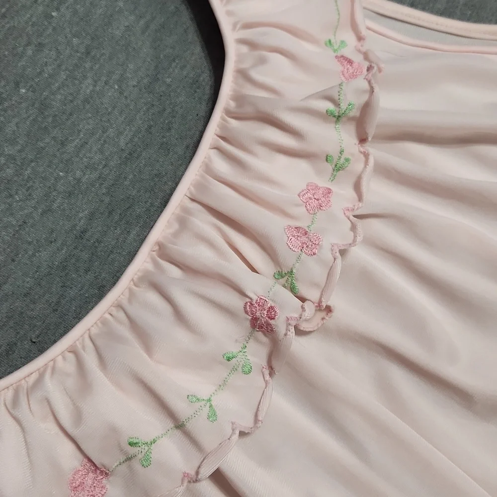 Vintage Ruffle Satin Floral Embroidered Lingerie Chemise Nightgown Slip Dress - Picture 7 of 10